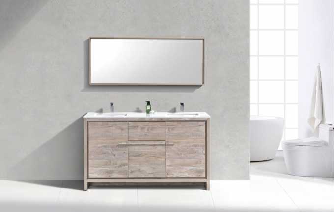 Dolce, KubeBath, 60" Maple Grey Modern Bathroom Vanity w/ Quartz Top, Double Sink