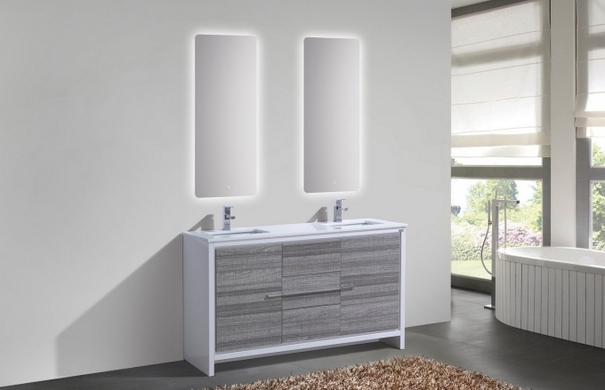 Dolce, KubeBath, 60" Grey Ash Modern Bathroom Vanity w/ Quartz Top, double sink